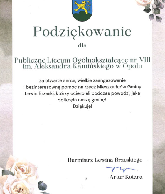 Podziękowania dla społeczności LO8 za pomoc mieszkańcom gminy Lewin Brzeski podczas powodzi