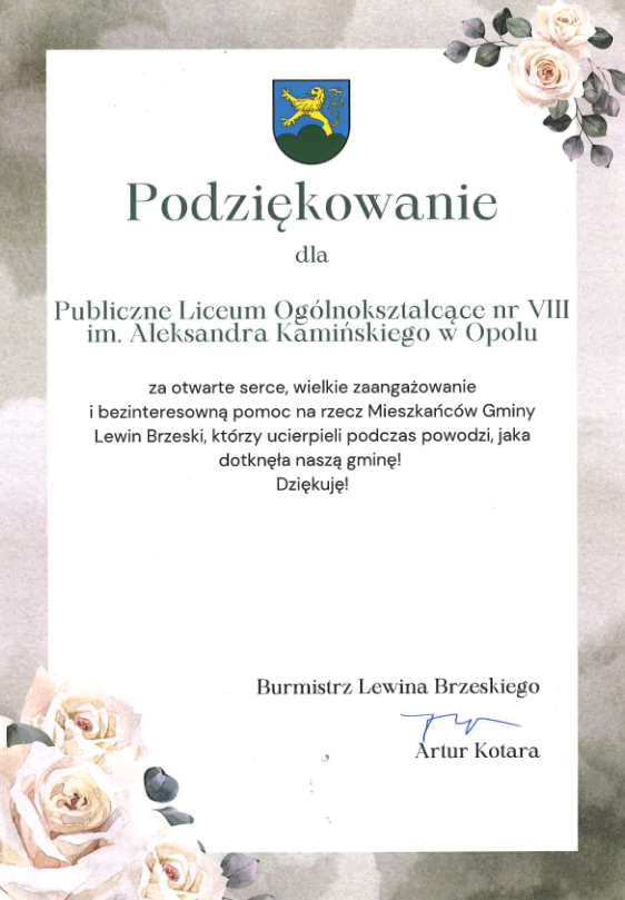 Podziękowania dla społeczności LO8 za pomoc mieszkańcom gminy Lewin Brzeski podczas powodzi